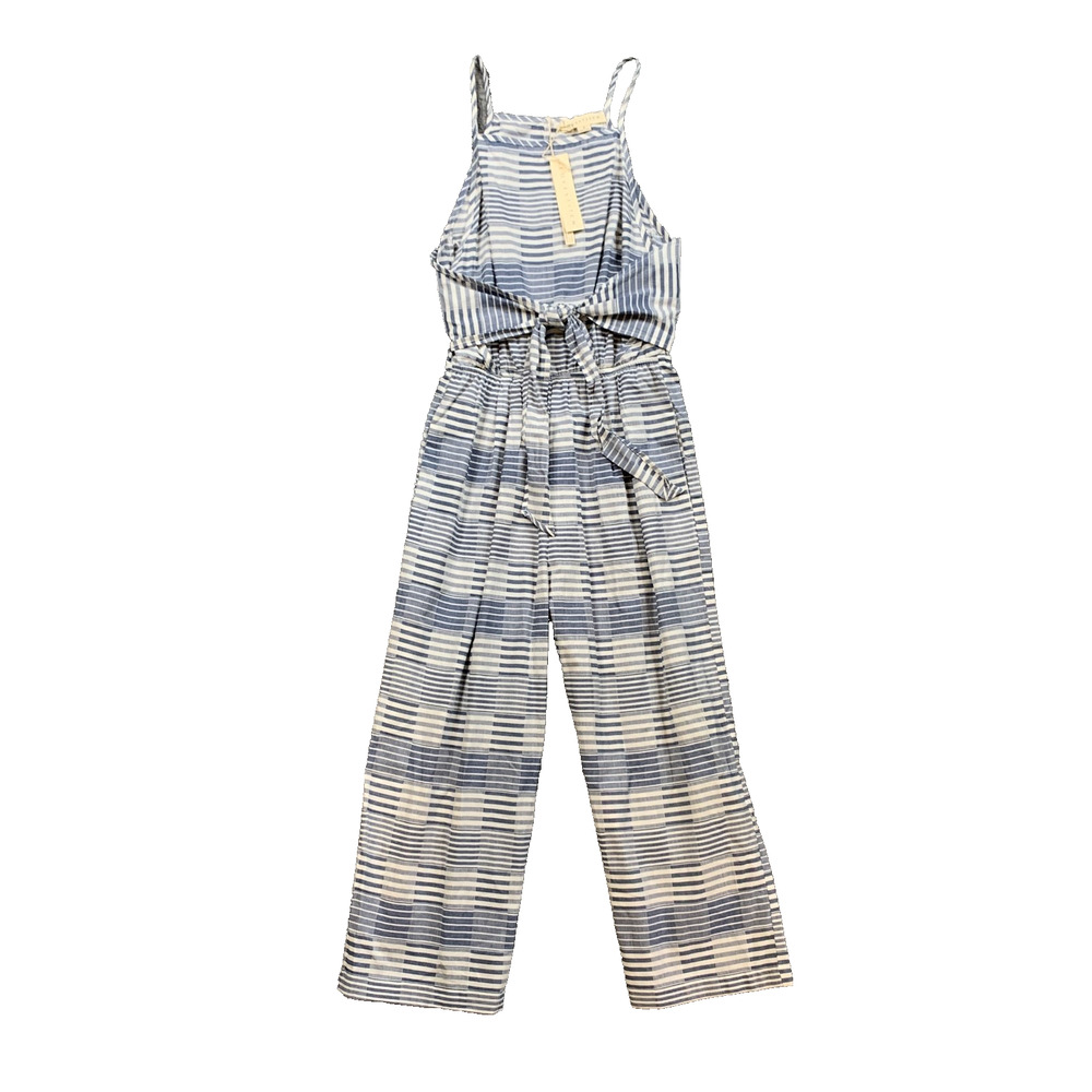 Love Stitch Jumpsuit Womens S Small White Navy Cinch Waist Tie Front Wide Leg